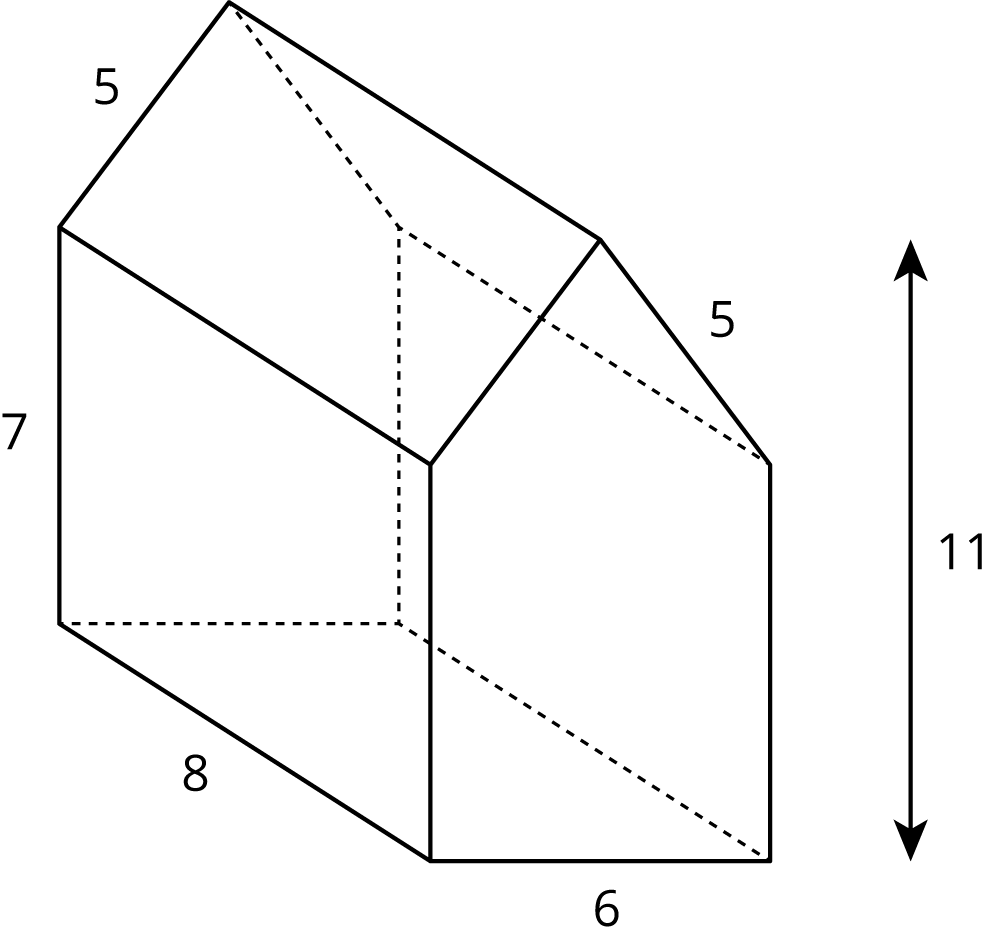 A prism. Base, pentagon. The pentagon is a 7 by 6 rectangle with a triangle on top that has sides 6, 5, 5. The total height of the pentagon is 11. The prism has height 8.