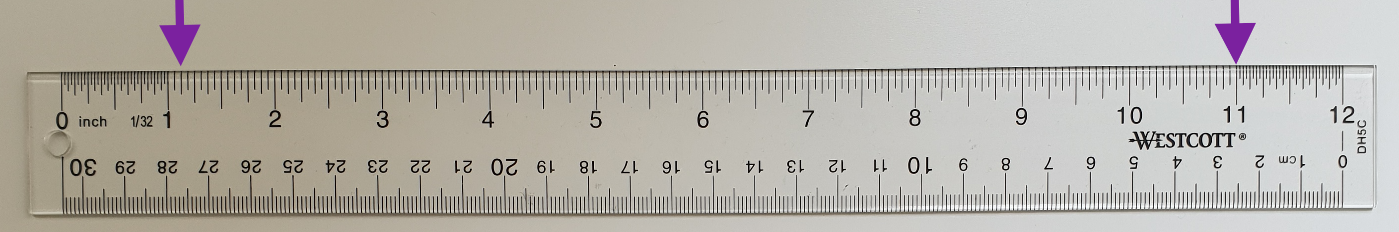 Image of ruler. Arrow at 1 and one eighth inches and 11 inches.