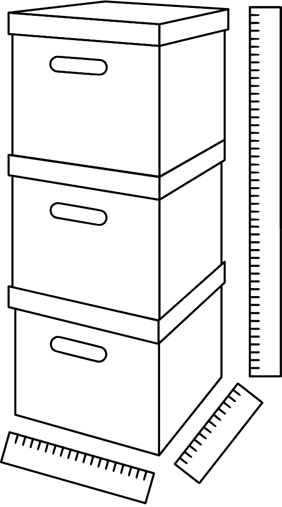 3 boxes stacked vertically, rulers along length, width, and height