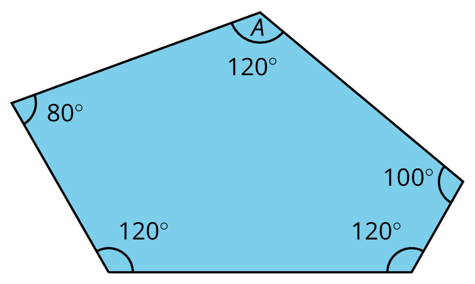 An irregular pentagon. Angle A measures 120 degrees. From there, clockwise, the angles measure 100 degrees, 120 degrees, 120 degrees, 80 degrees.