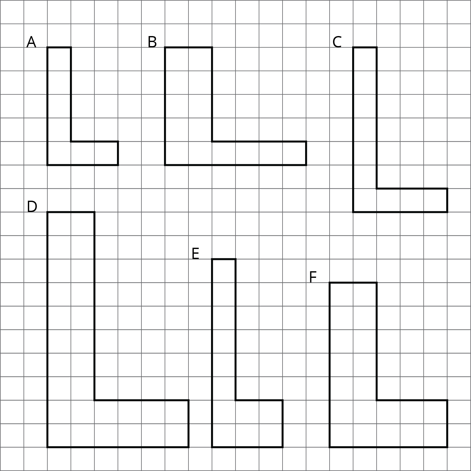Six L-shaped figures on a grid, labeled A, B, C, D, E, and F.