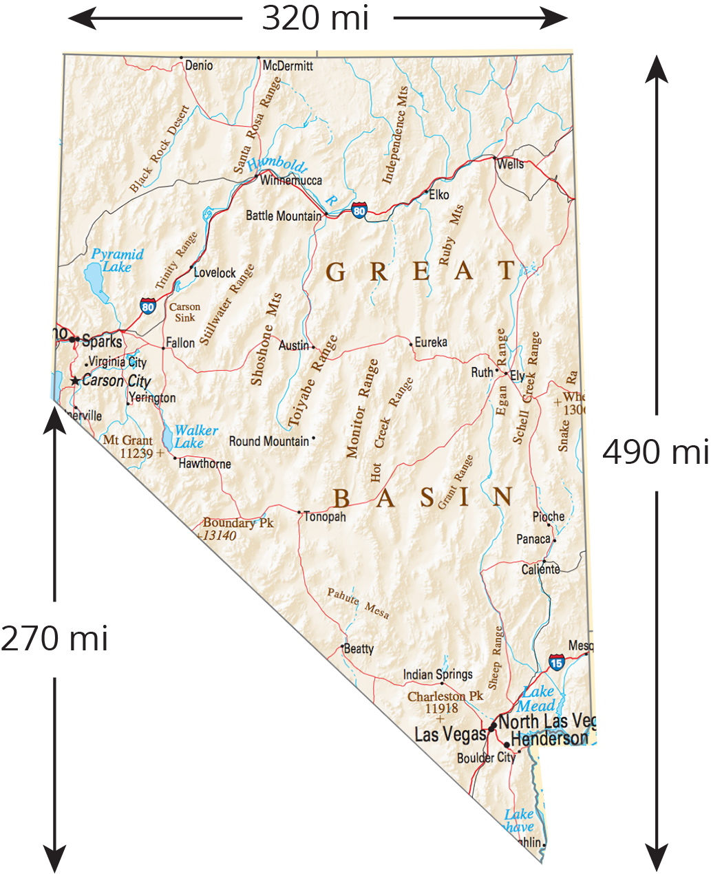Map of Nevada. Top side labeled with length, 320 mi. Right side labeled with length, 490 mi. Left side where angle begins labeled with length, 270 mi.