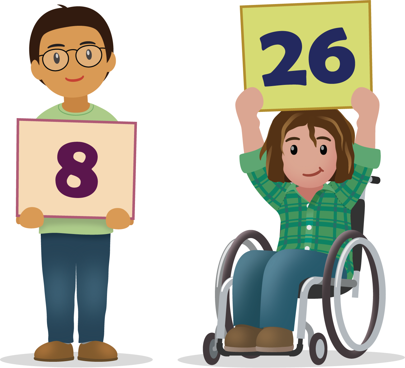 Students holding posters with numbers.