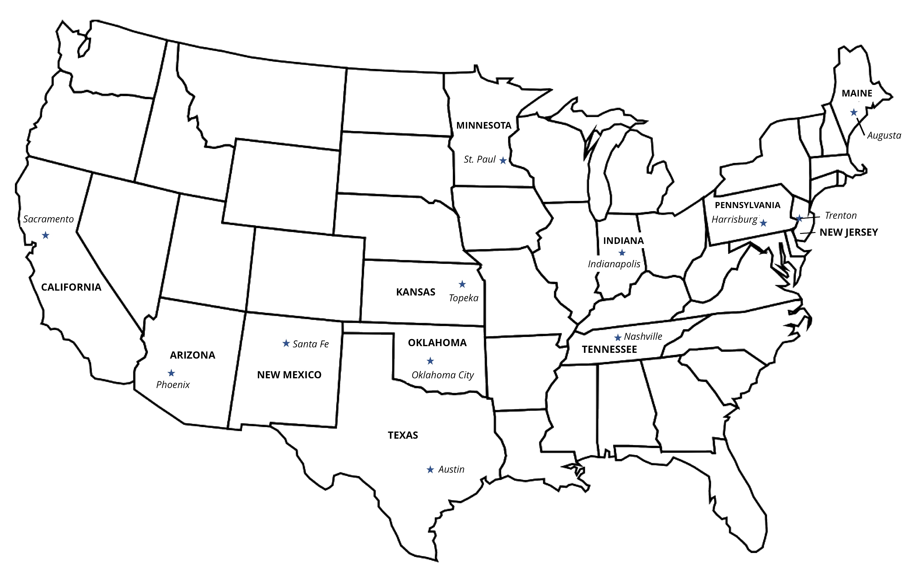 United States map. Some states and capitals labeled.