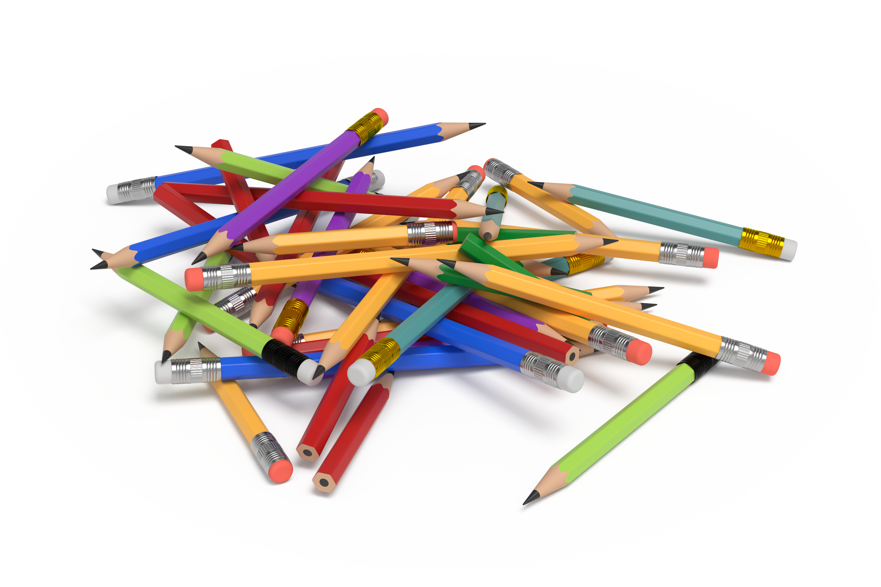 A pile of pencils of various lengths and colors.