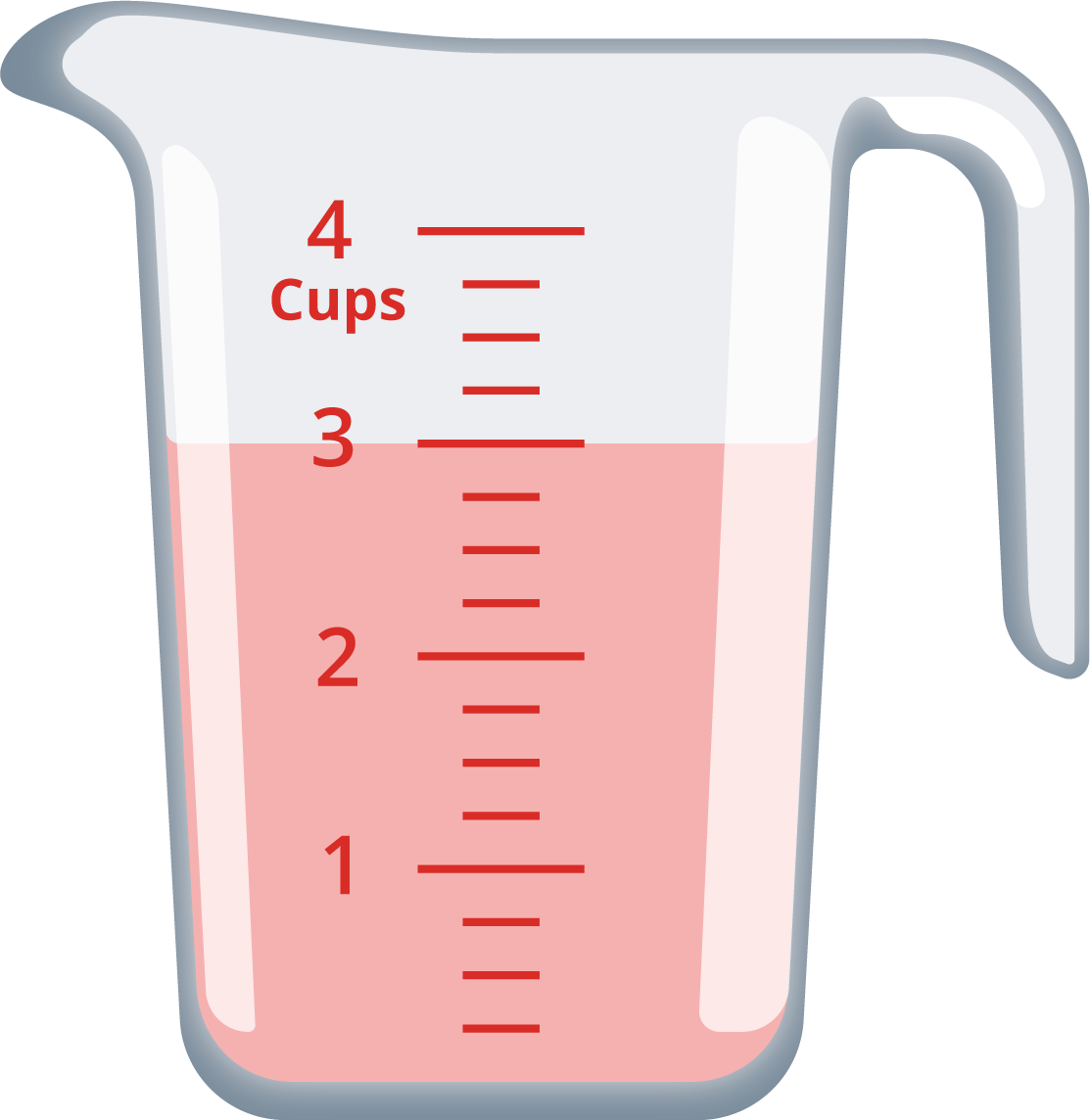 image of a measuring cup, red liquid up to 3 cups line