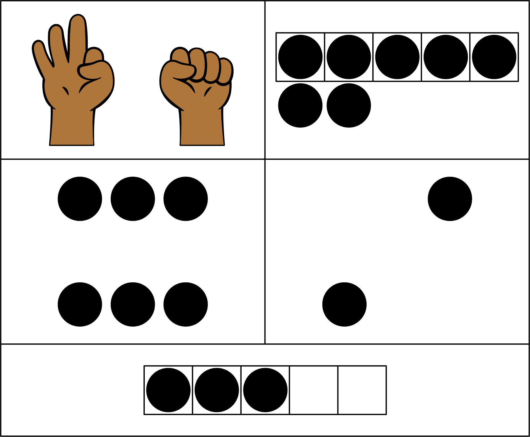 Fingers showing number 3. 5 frame, filled, 2 counters below. Dots. 2 groups of 3. Dots, 2. 5 frame, 3 counters.