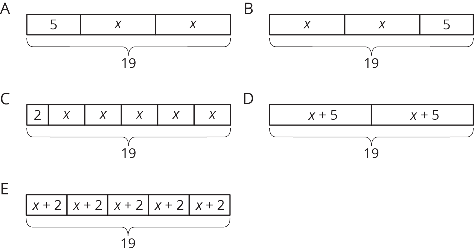 Five tape diagrams, A, B, C, D, E.