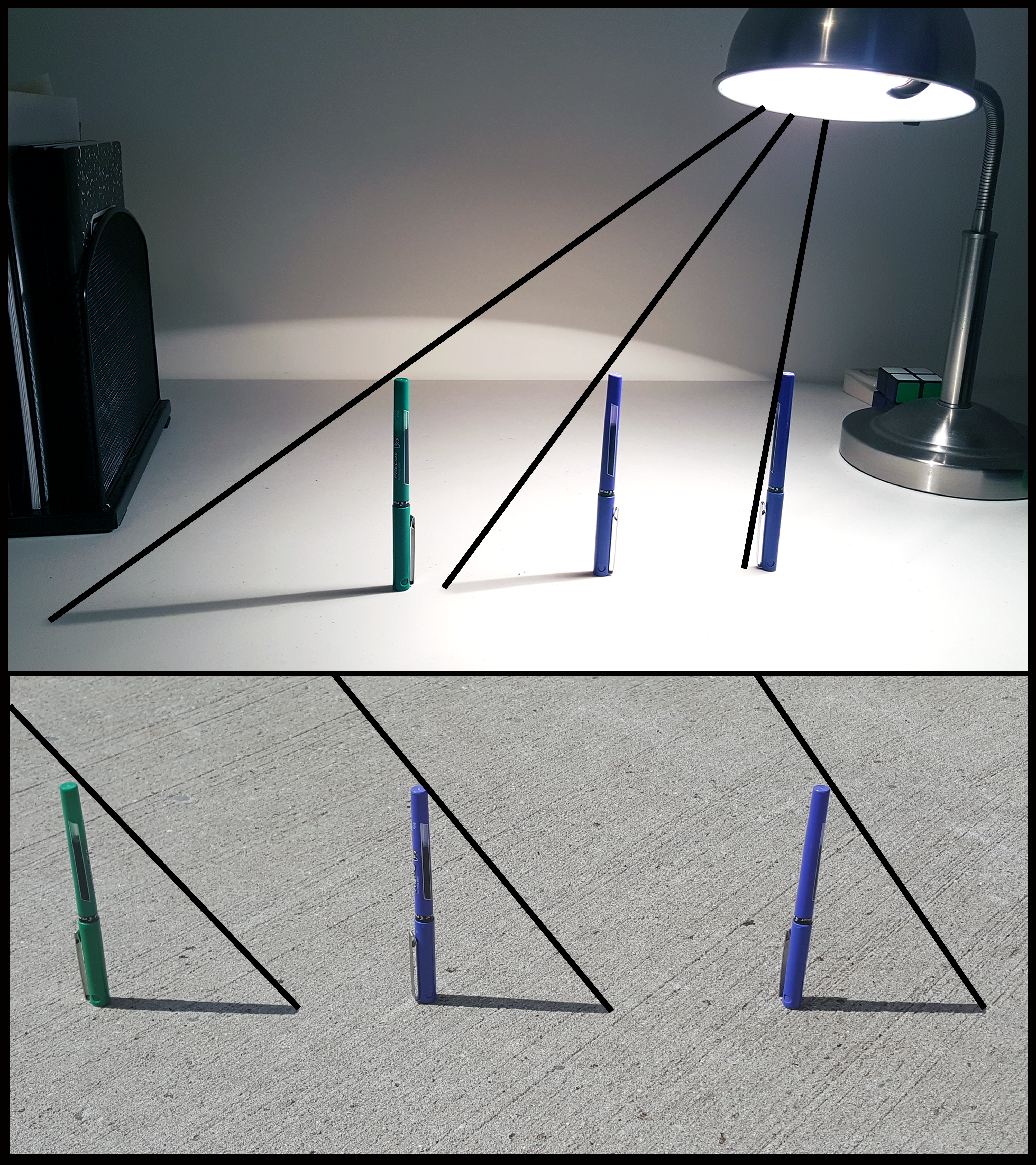 photograph of pens standing up right. Right triangles drawn with pen as height and shadow from lamp as base.