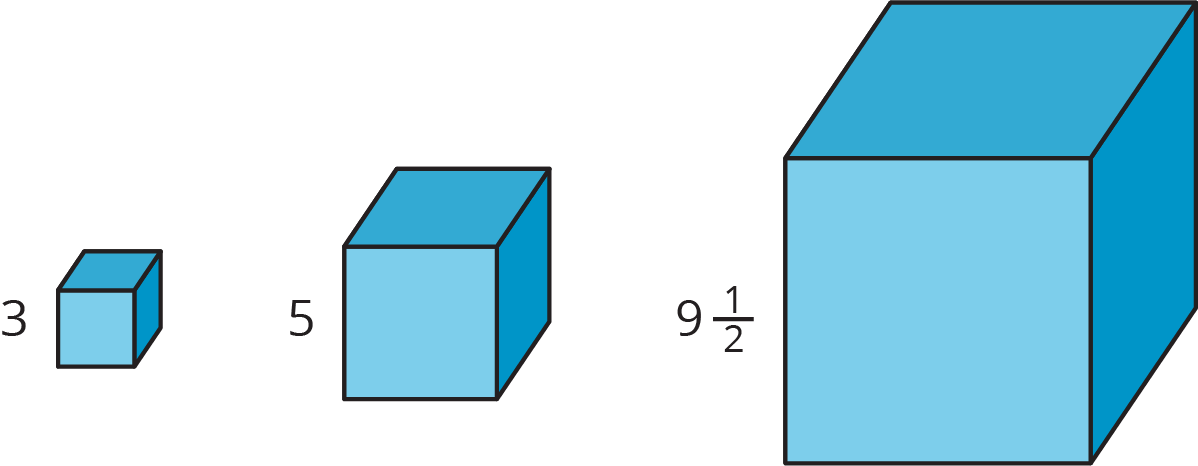 Three cubes of different sizes: first cube has side length 3, second cube side length 5, and thrid cube has side length 9 and 1/2