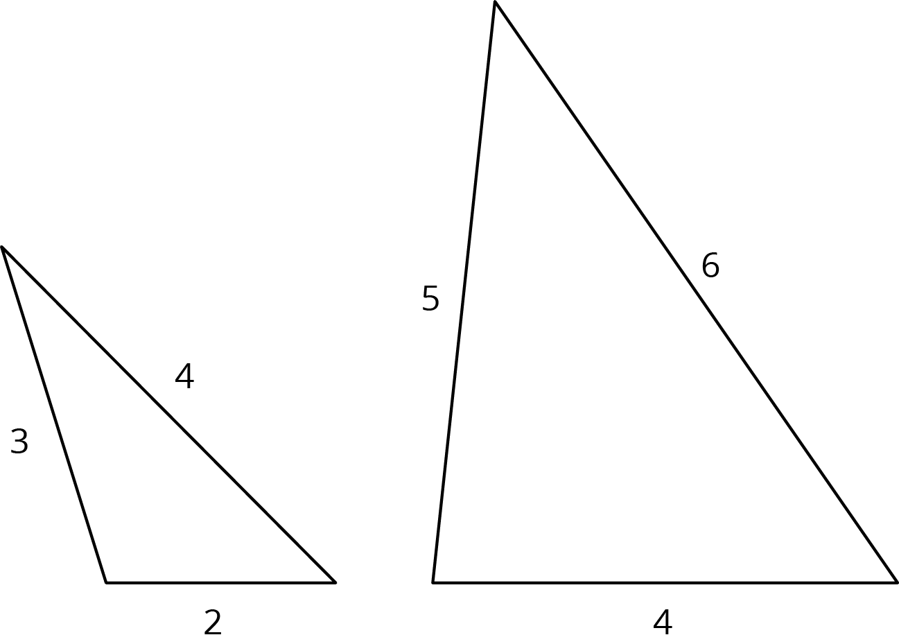 Two triangles. First with side lengths 3, 4, 2. Second with side lengths 5, 6, 4.