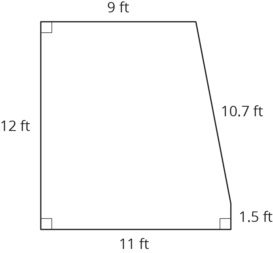 An irregular pentagon. Horizontal line, 9 feet. From the right end, slant down and right, 10 point 7 feet, down 1 point 5 feet, left 11 feet, up 12 feet to reach left end of original line.