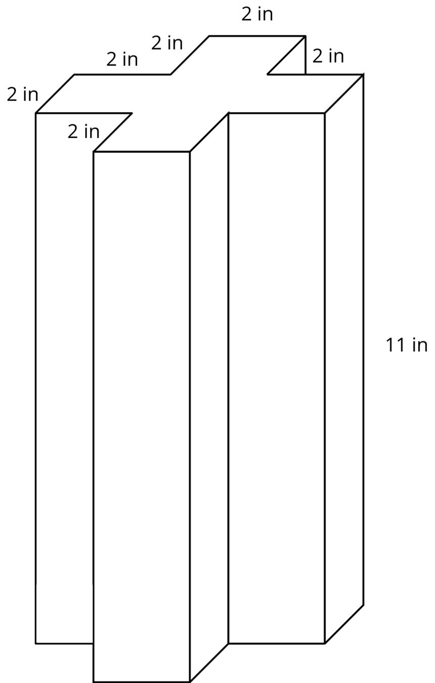 A prism with height 11 inches. The base of the prism is shaped like a plus sign assembled from 5 squares that are 2 inches on each side.