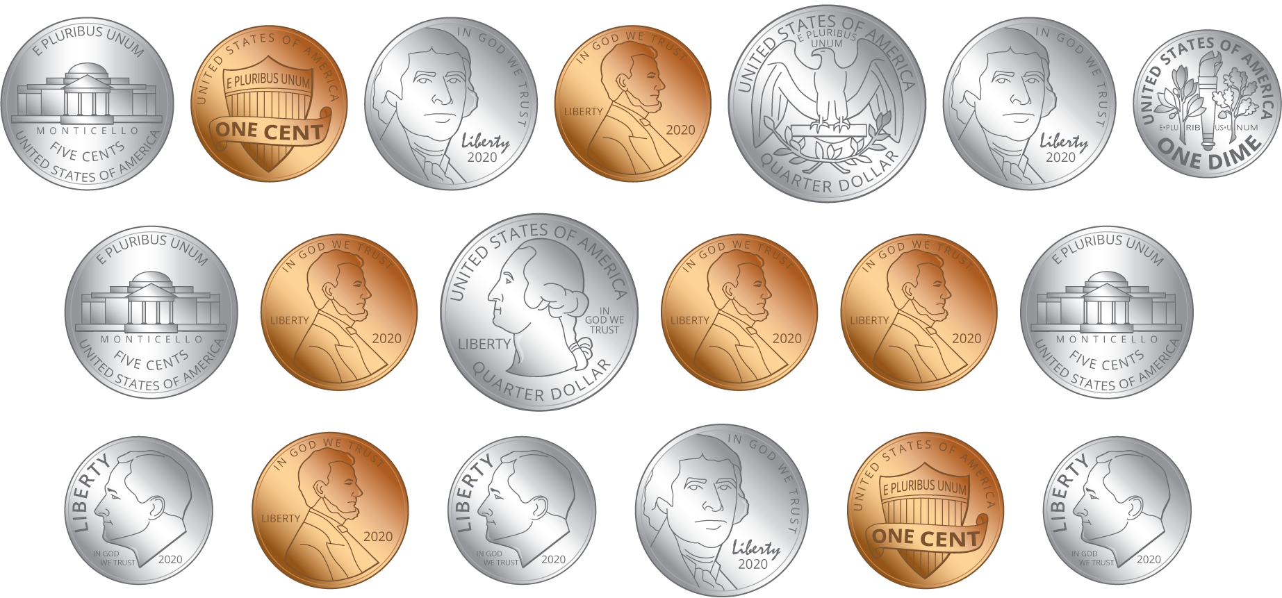 2 quarters. 4 dimes. 6 nickels. 7 pennies.