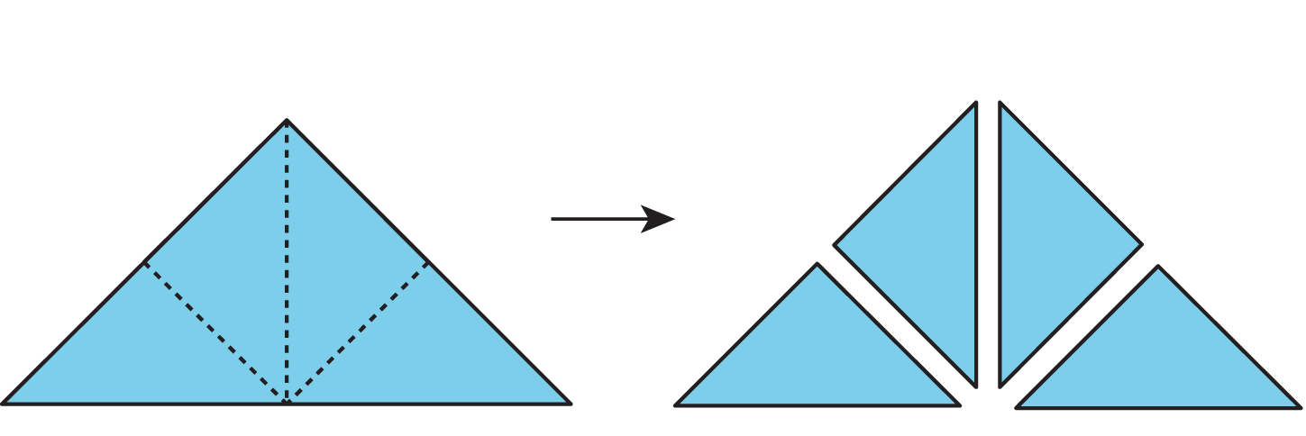 Three figures: A large tangram triangle; A large tangram triangle decomposed into 4 small tangram triangles.