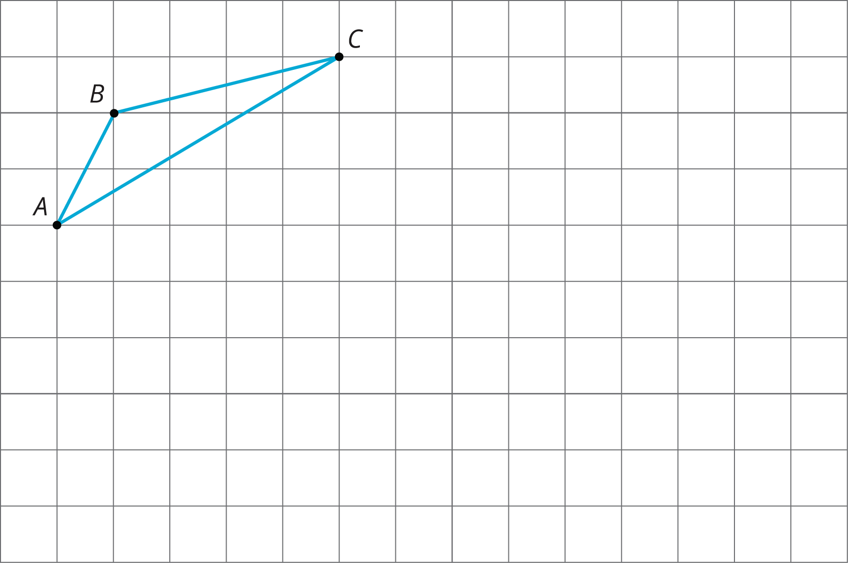 Triangle A B C on a grid. Let (0 comma 0) be the bottom left corner. Then the coordinates of triangle A B C are A(1 comma 6), B(2 comma 8) and C(6 comma 9).