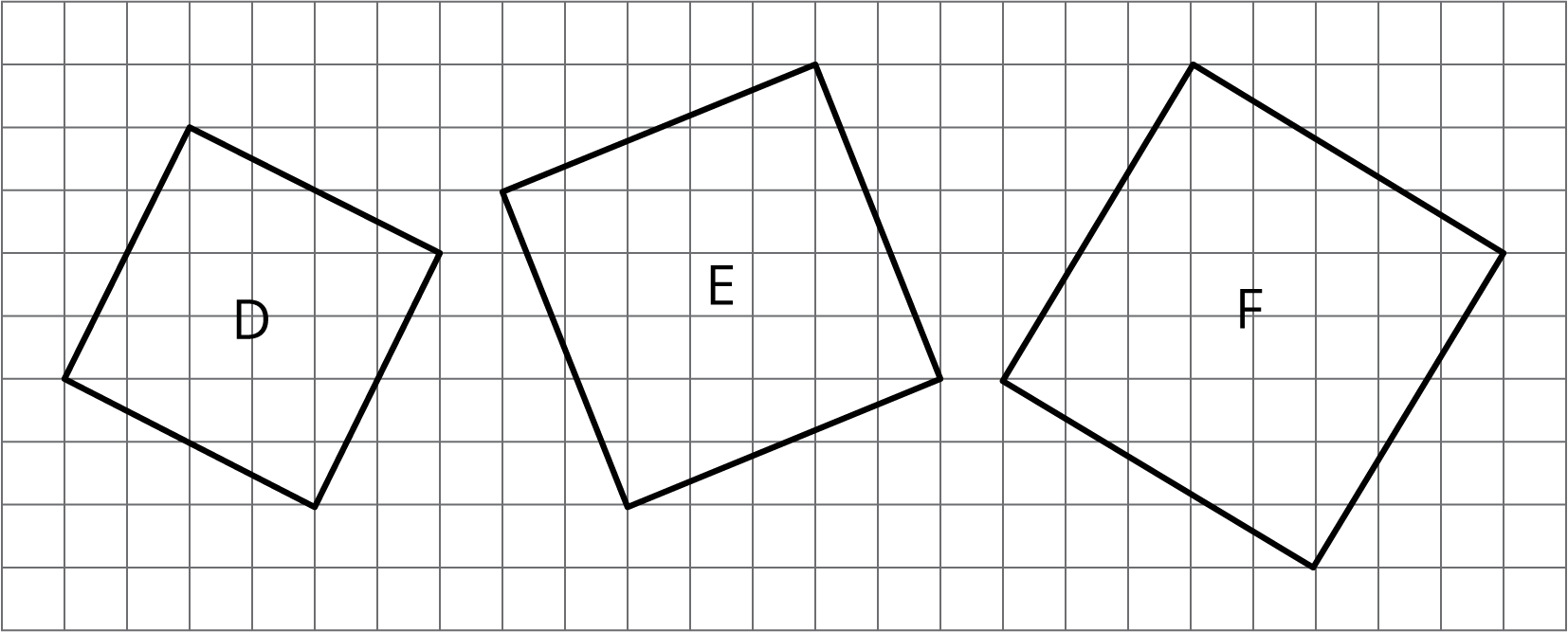 3 squares labeled D, E, F. Side length of D= square root of 20. Side length of E = square root of 29. Side length of F=square root of 34.