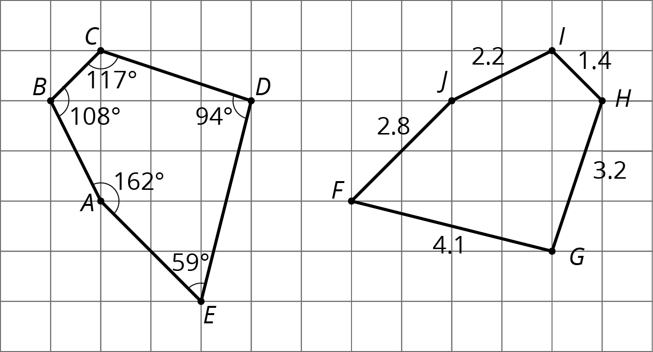 Two figures A B C D E and F G H I J on a square grid.