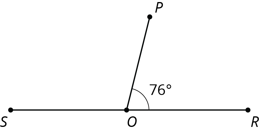 Point O lies on line segment S R. Segment P O is drawn and angle P O R is labeled 76 degrees.