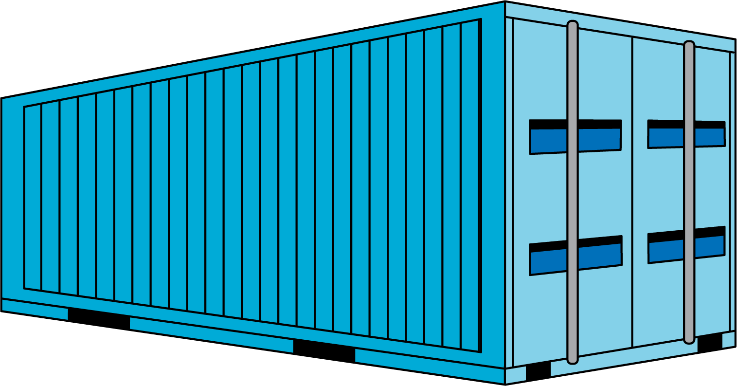 Shipping container in the shape of a Rectangular prism.