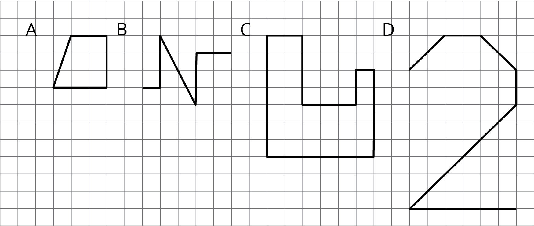 Five drawings on a grid, labeled A, B,C,D,E.