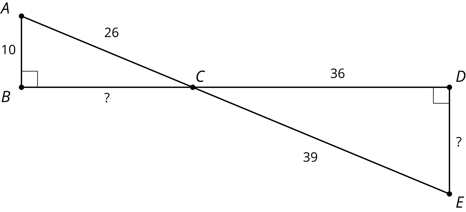 Points B C D form a line. Points A, C E form a line. A, B is perpendicular to B C. D E is perpendicular to D C. Side A, B, length 10, side A, C, length 26, side C D, length 36, side C E length 39.