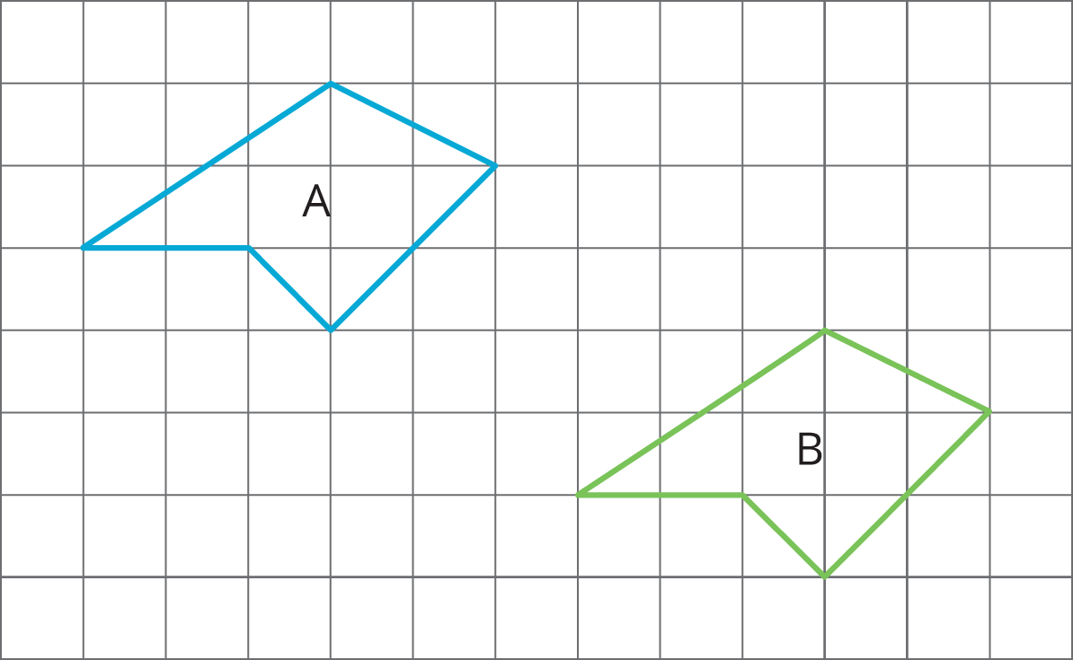 Two figures, polygon A and polygon B on a grid. Every point of polygon B is down 3 units and right 6 units from polygon A.