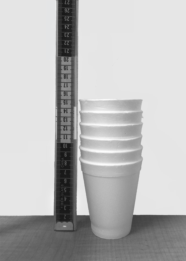 Measuring tape used to measure stack of styrofoam cups