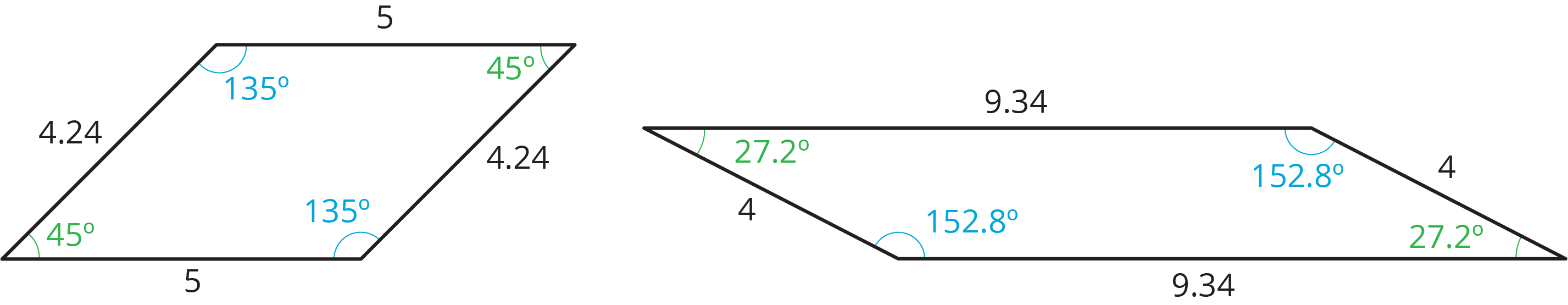 Two paralllelograms with the angles and side lengths provided.