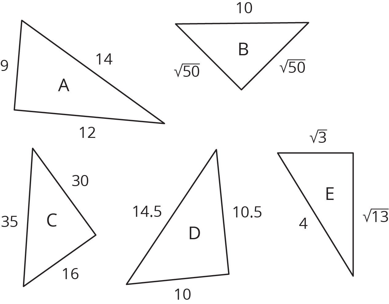 5 triangles labeled A, B, C, D, E.