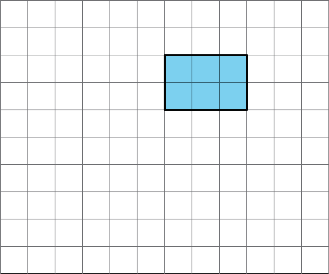 shaded rectangle on a grid. length = 3 units, height = 2 units.