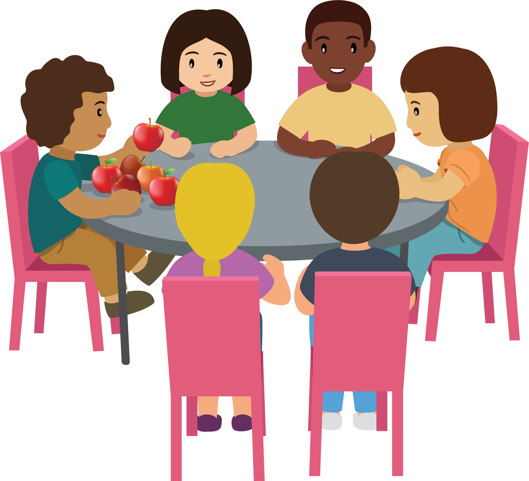 6 students seated at table. 5 apples on the table. 1 apple in Diego's hand.