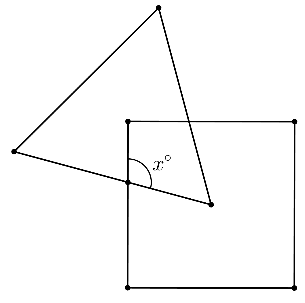 Equilateral triangle slanted right, overlapping top left corner of square. Angle from bottom side of triangle to left side of square labeled x degrees.