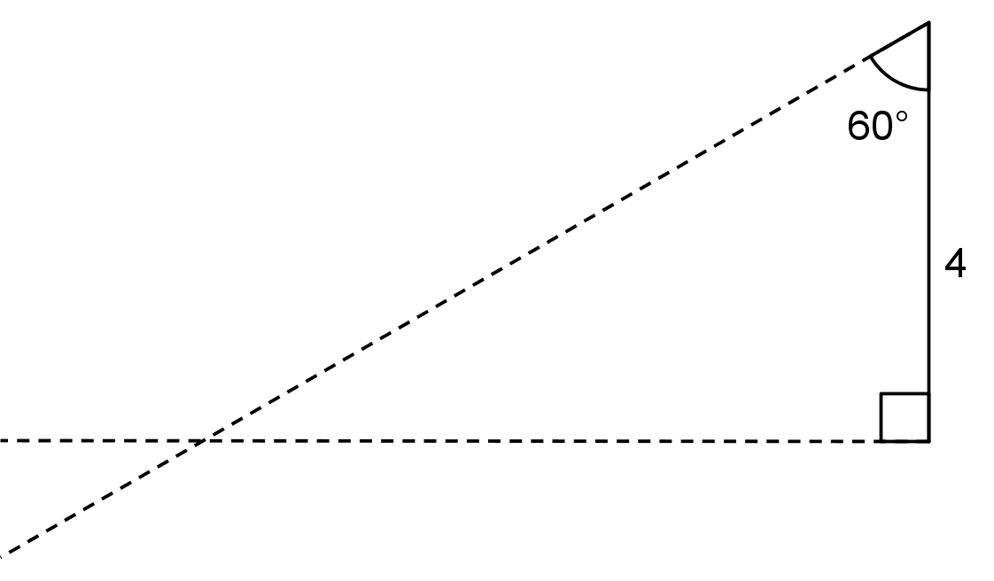 A segment 4 units long is drawn. A dotted line is drawn perpendicular to one end of the segment, a dotted line is drawn at a 60 degree angle to the other end of the segment. The dotted lines meet.