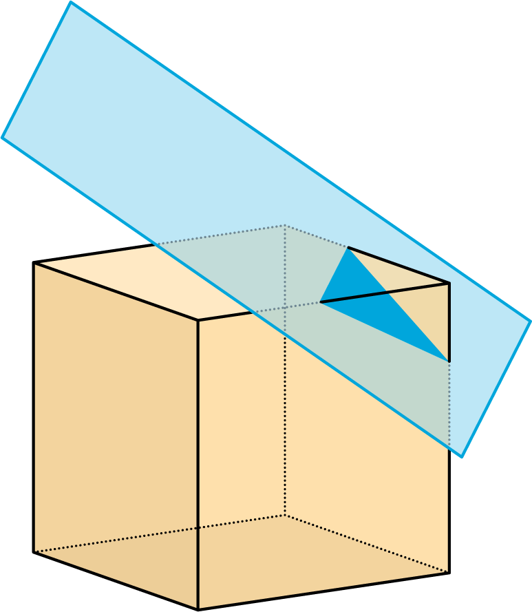 A plane cuts off the corner of the cube.