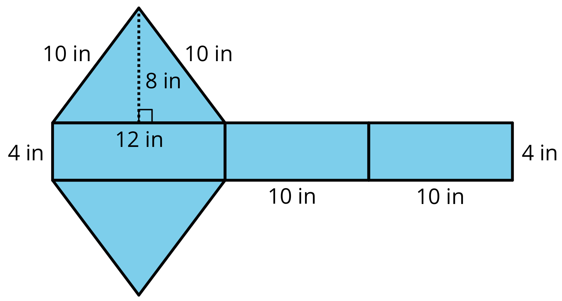 Polyhedron net composed of three rectangles and two triangles.