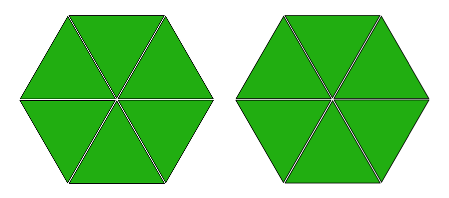 Two figures of pattern blocks. Each figure is 6 triangles in the shape of a hexagon.