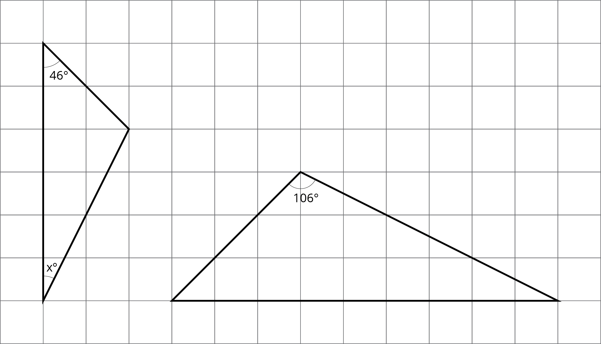Two triangles. The first has acute angles marked 46 degrees and x degrees. The second has an obtuse marked 106 degrees.