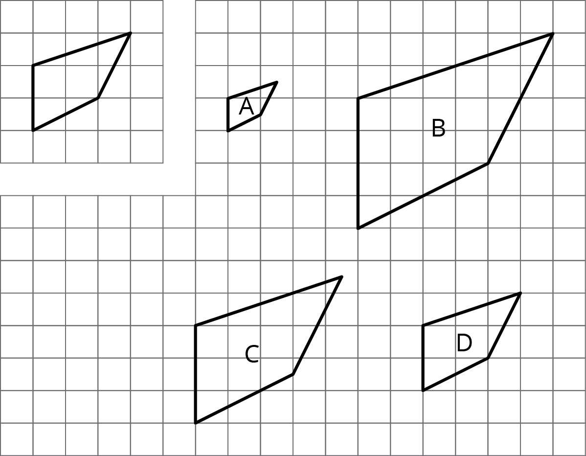 An unlabeled four sided polygon with four different scale copies labeled A, B, C and D on a square grid.