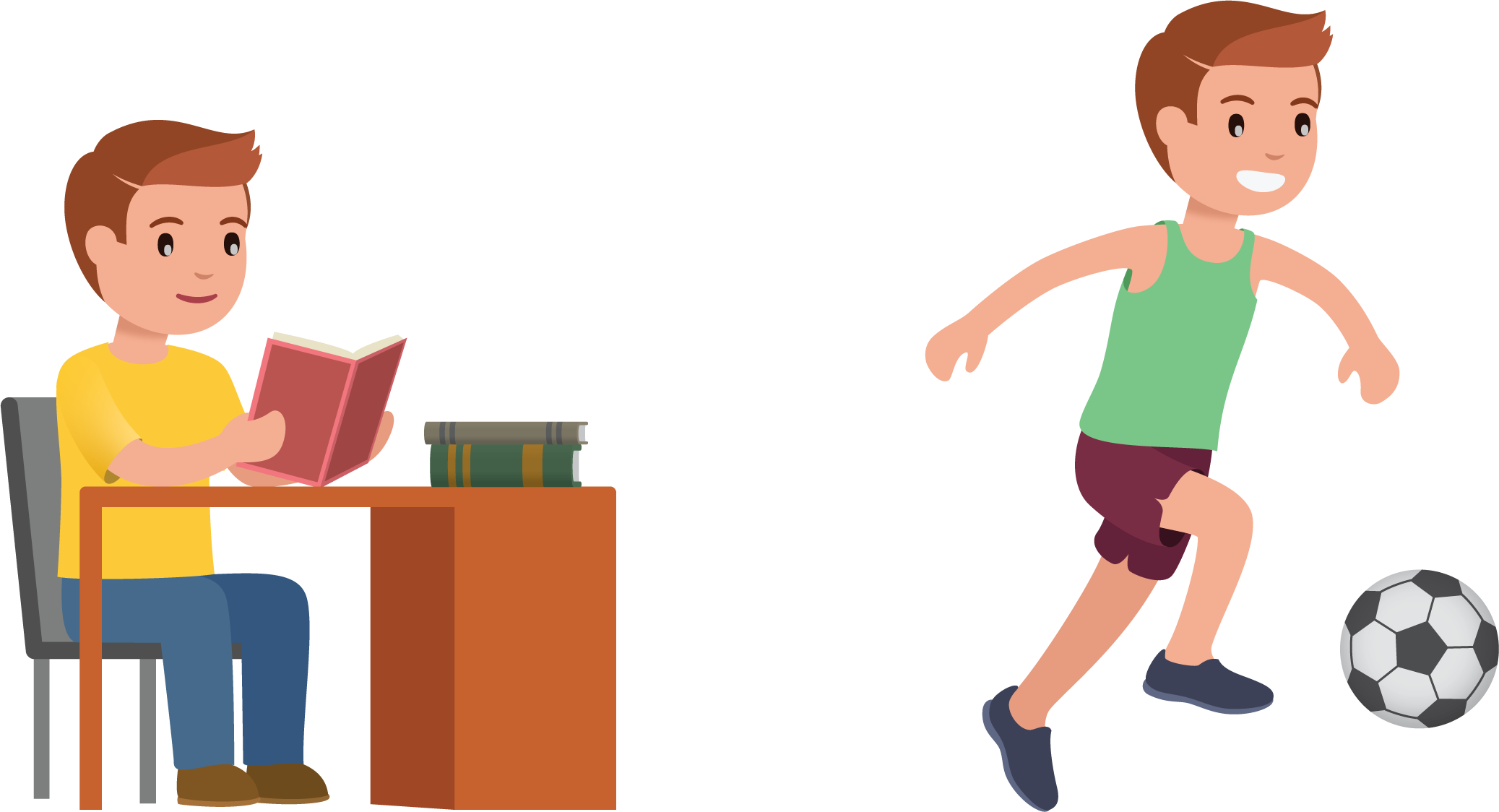 image of a student doing hw on the left and playing soccer on the right