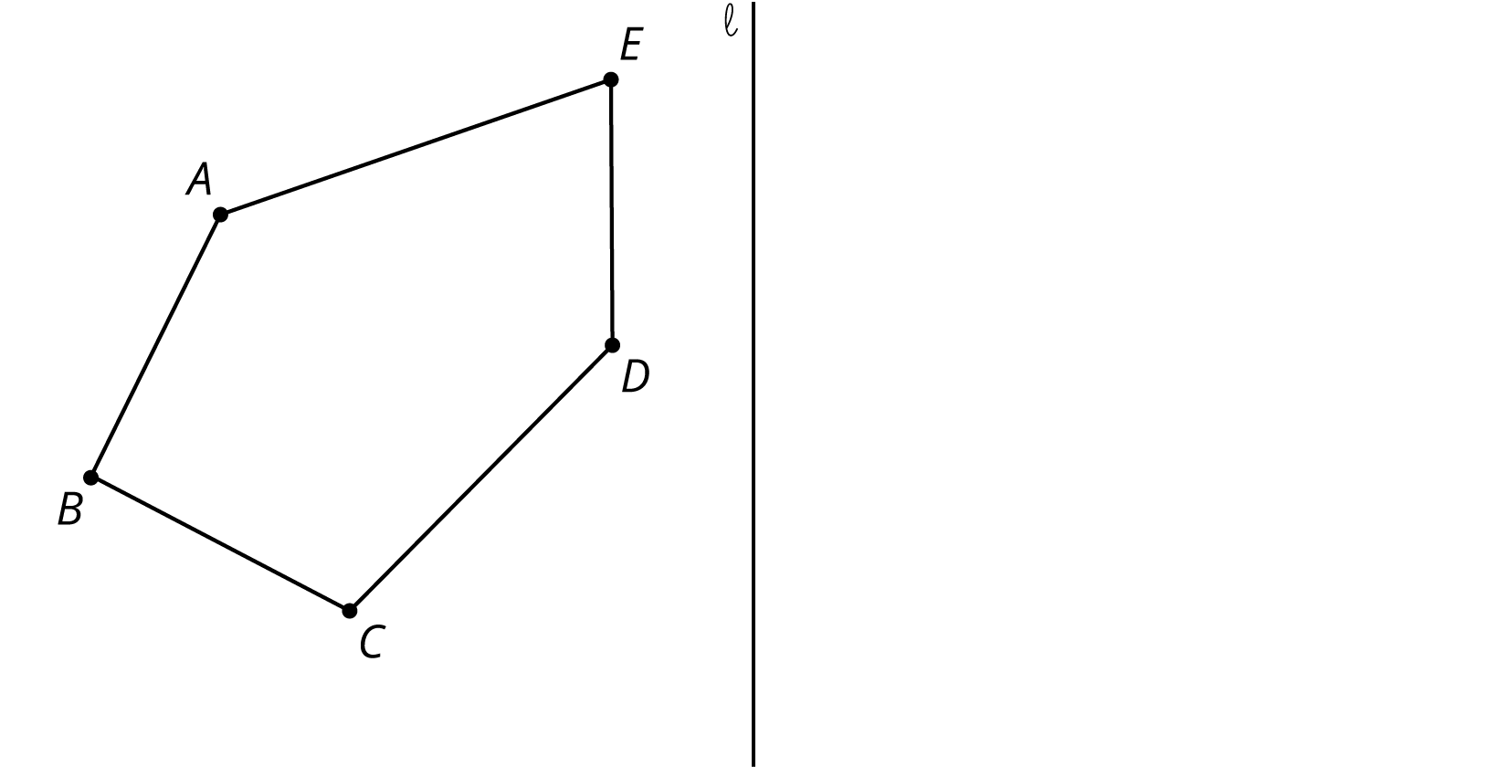 Pentagon \(A\) \(B\) \(C\) \(D\) \(E\) and line \(l\). Segment \(B\) \(C\) is the base of the pentagon and point \(E\) is the top. Line \(L\) is vertical and is to the right of the pentagon.