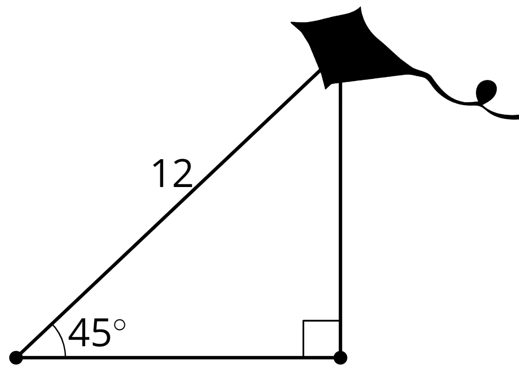 Right triangle. Hypotenuse = 12. One angle = 45 degrees. One angle labeled with a kite.