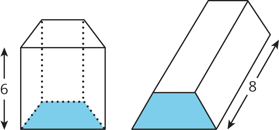 Two prisms. The first has a trapezoid for a base and a height of 6. The second has a trapezoid base and a height of 8.