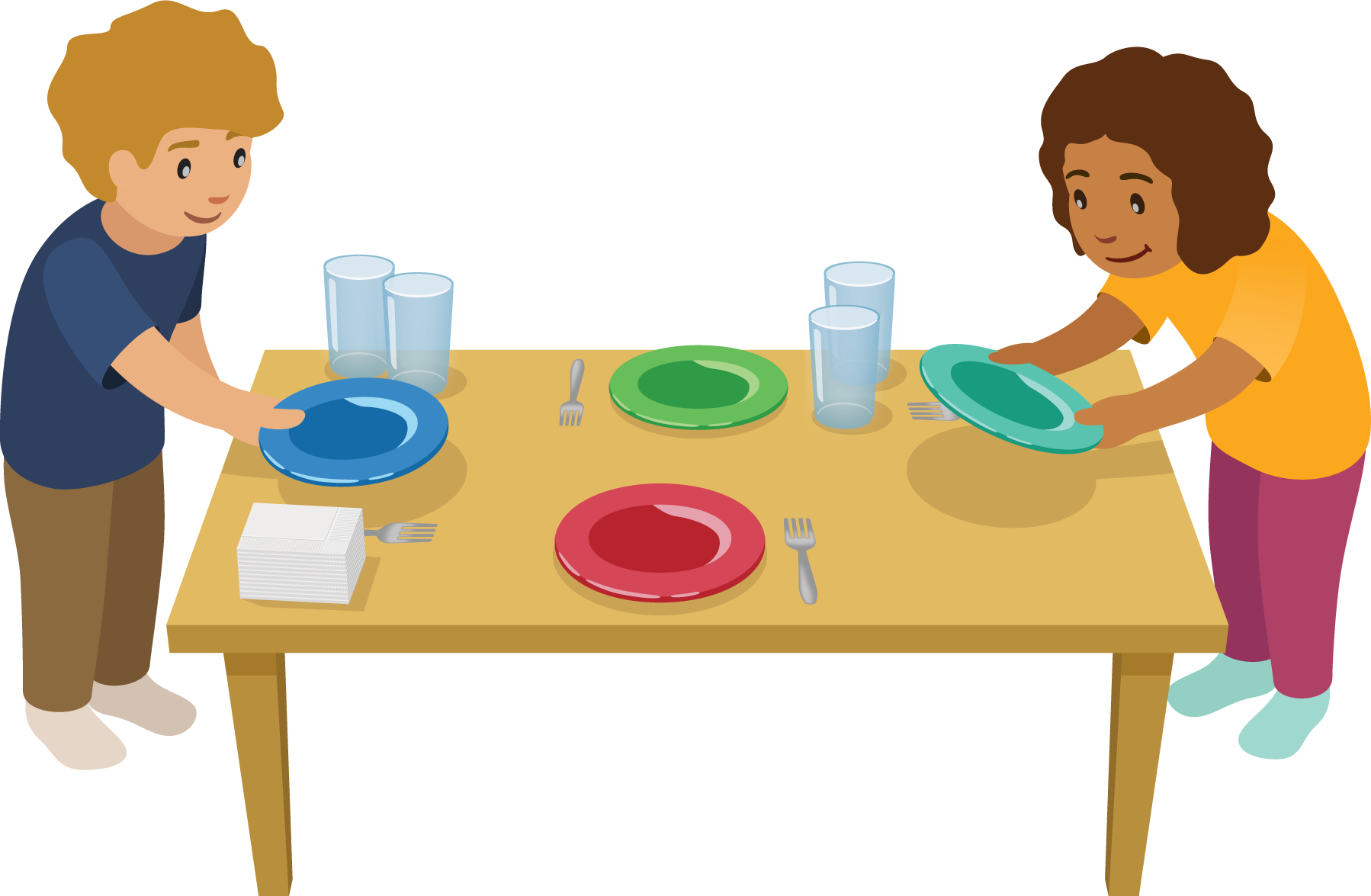 Children putting plates on a table.
