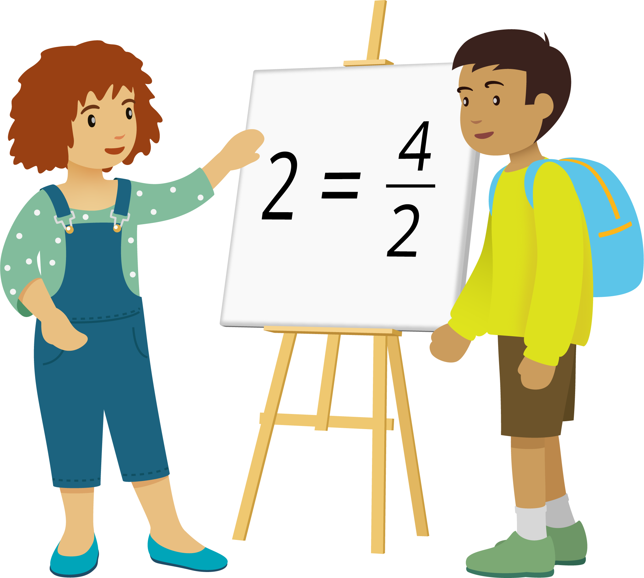 Two students looking at an equation on chart paper.