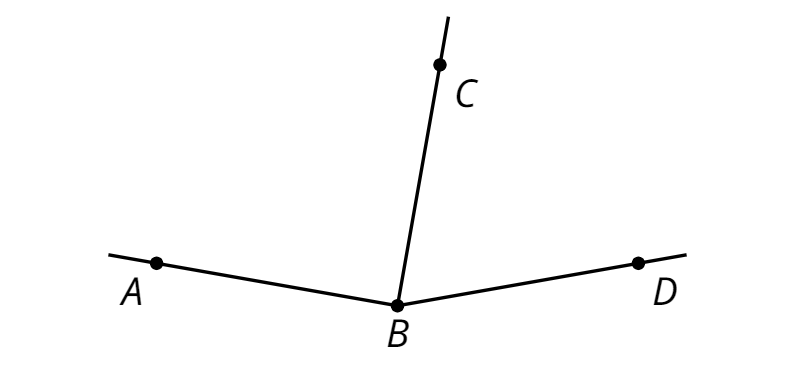 Three segments all joined at endpoint B. Point A is to the left of B and segment A B is drawn. Point C is above B and segment C B is drawn. Point D is to the right of B and segment B D is drawn.