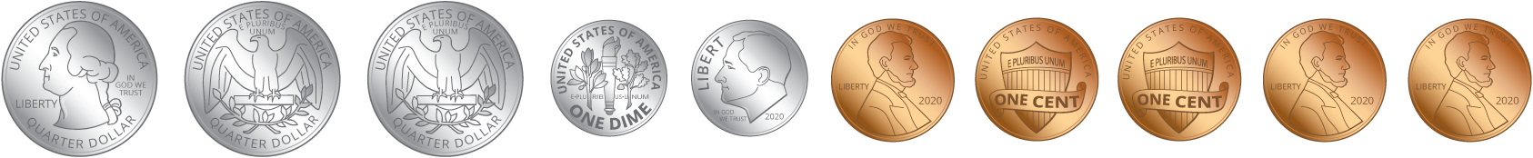 Coins. 3 quarters. 2 dimes. 5 pennies.