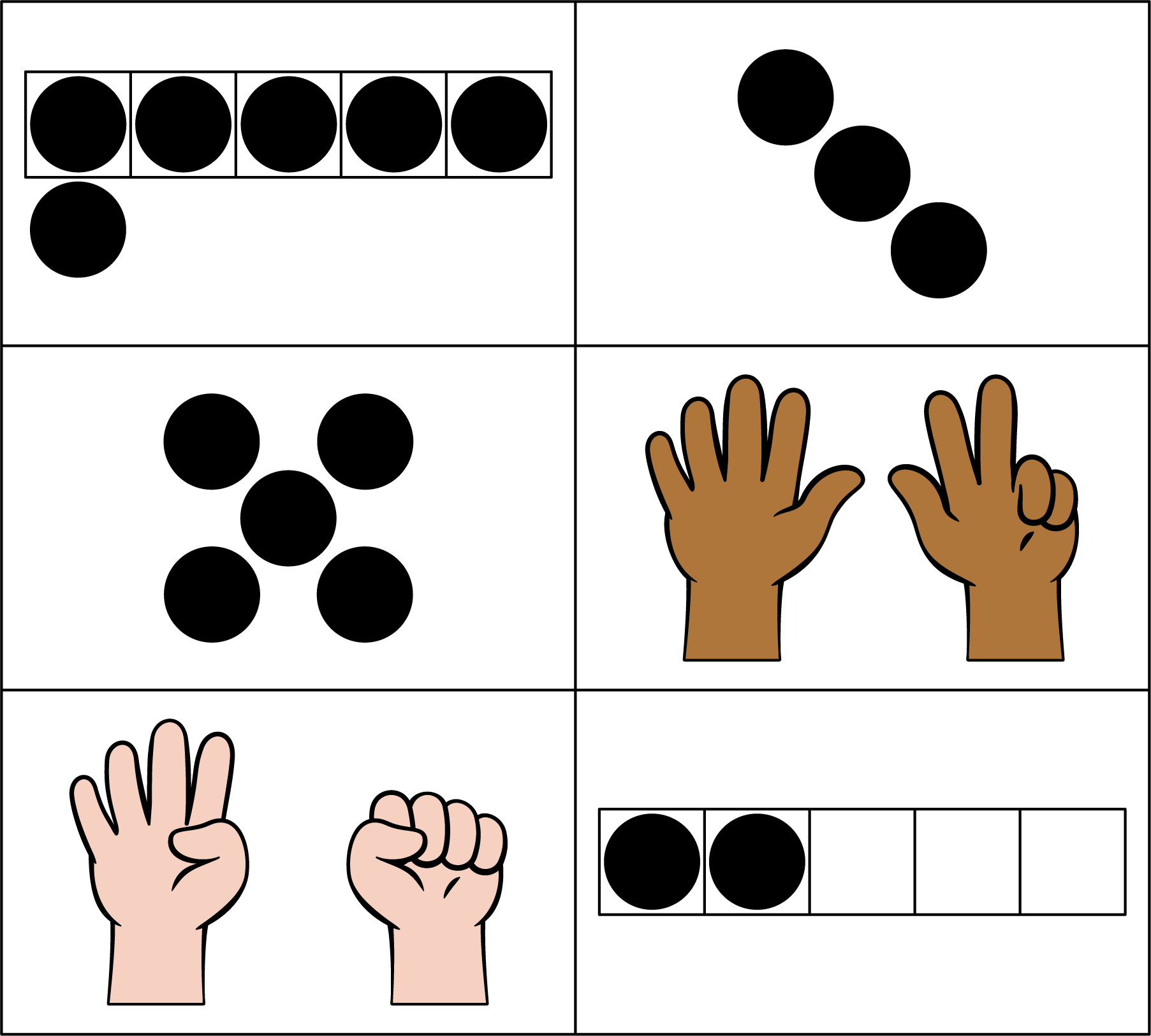 5 frame filled, 1 counter below. Dots, 3. Dots, 5. Fingers showing numbers, 5 and 3. Fingers showing number, 4. 5 frame, 2 counters.