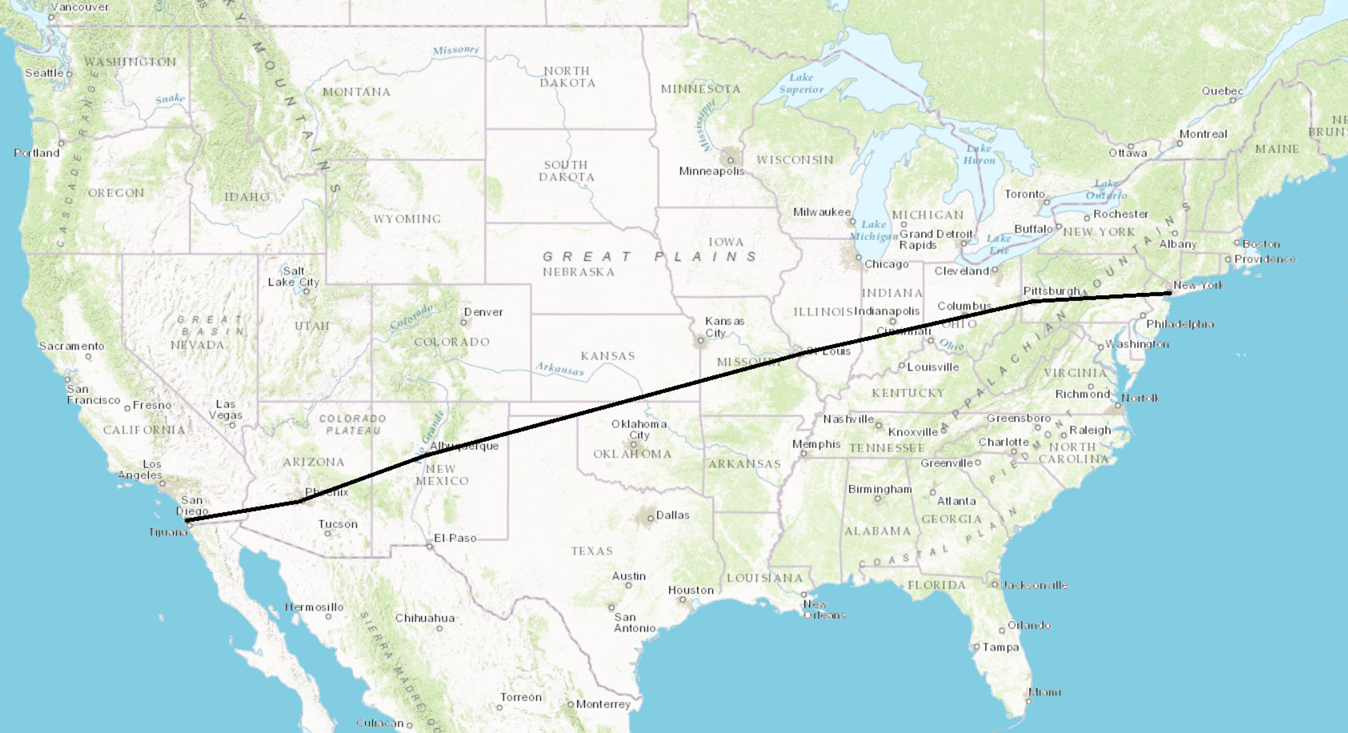 A United States map with 5 segments representing the distance a plane flew.