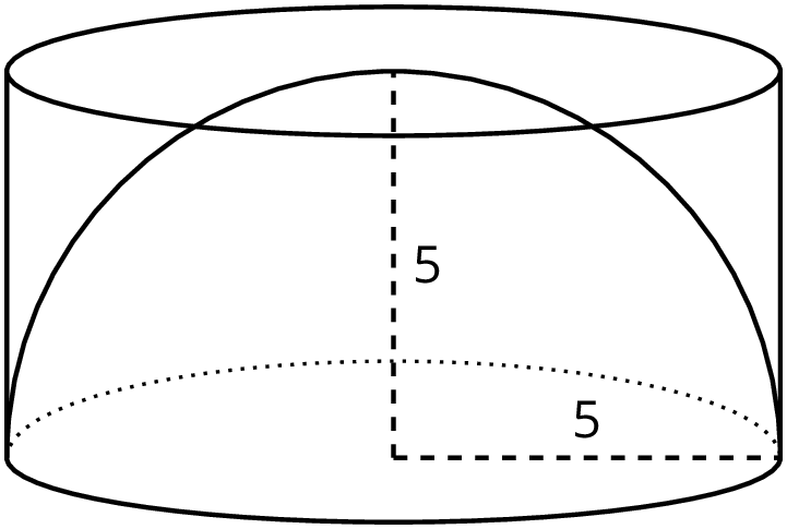 A hemisphere fits snugly in a cylinder. The hemisphere has radius 5 and the cylinder has height 5.